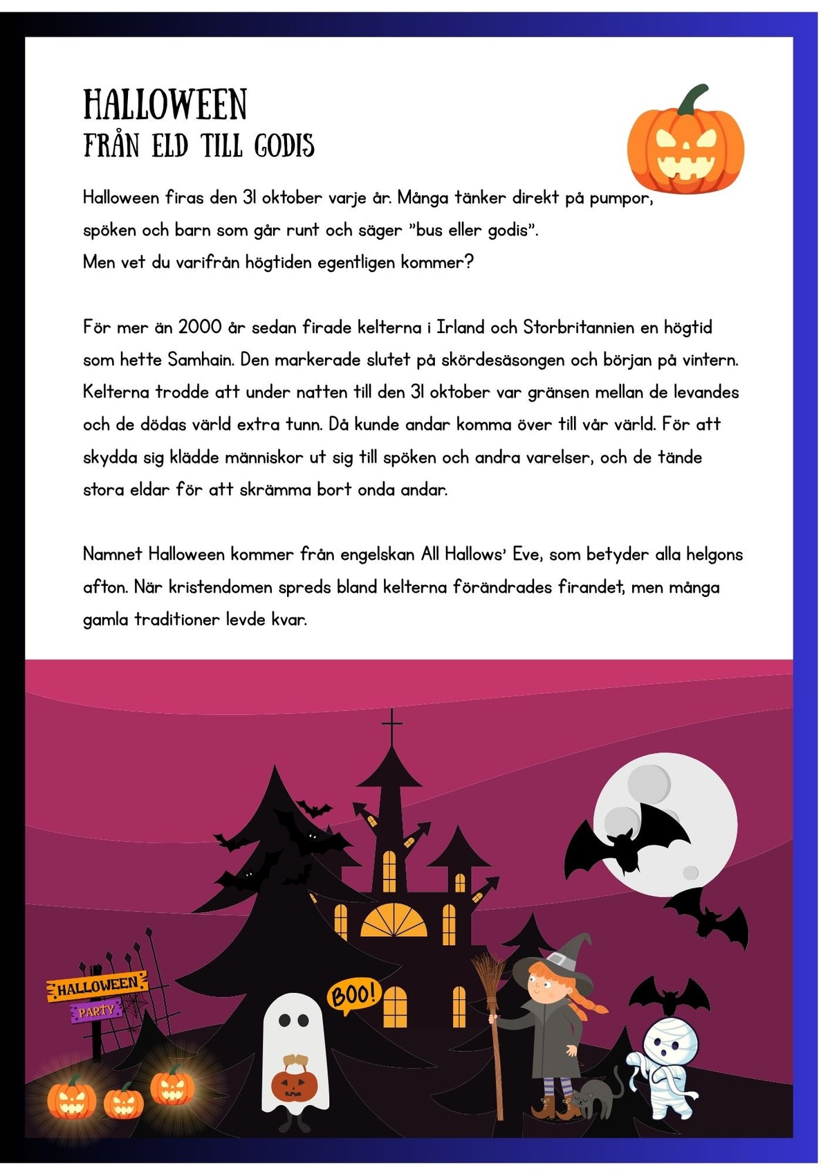 Läsförståelse, halloween - Arbetsblad